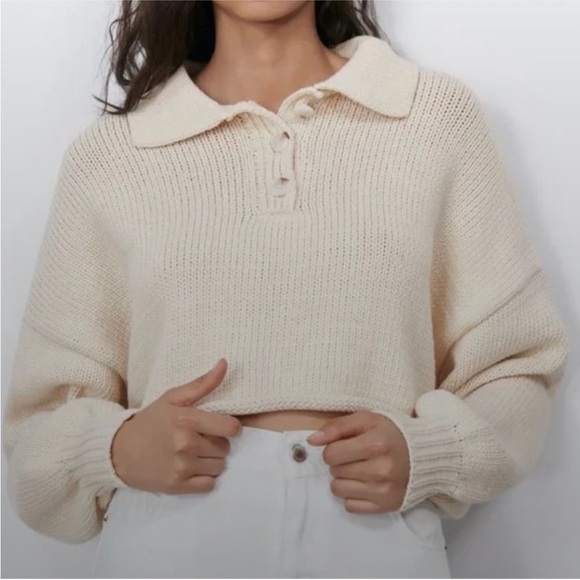 Zara light tan chunky knit cropped long sleeve polo sweater size SM - Picture 3 of 9